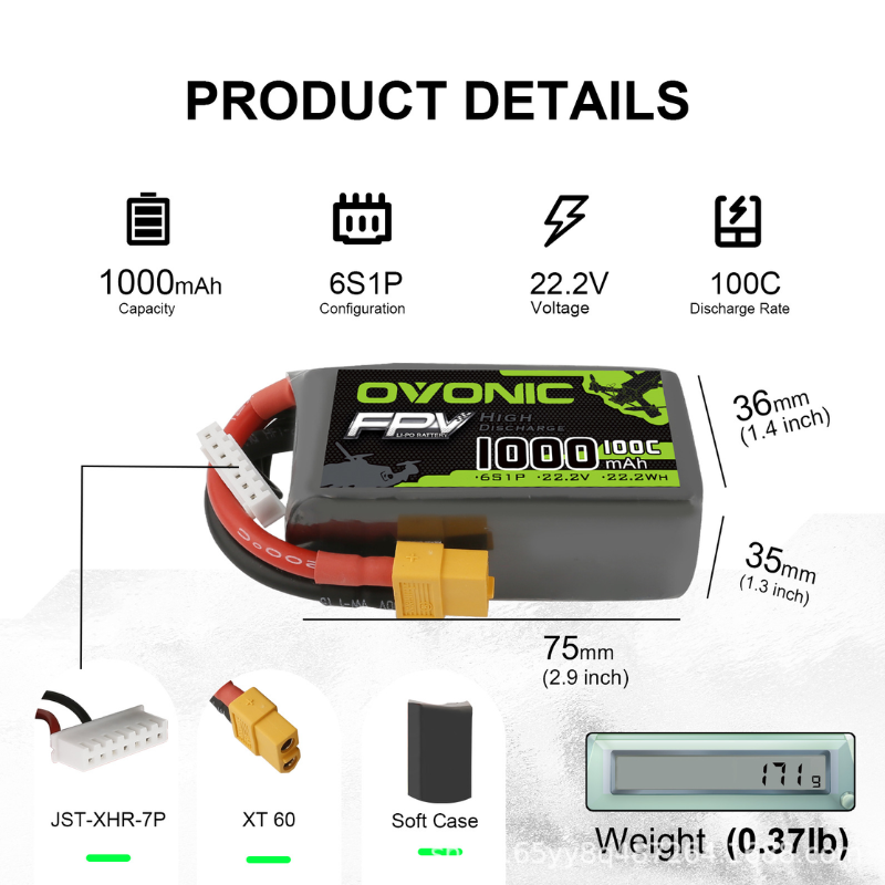 2Pcs OVONIC 1000mAh 100C 22.2V - Drone Battery 6S 评论和价格